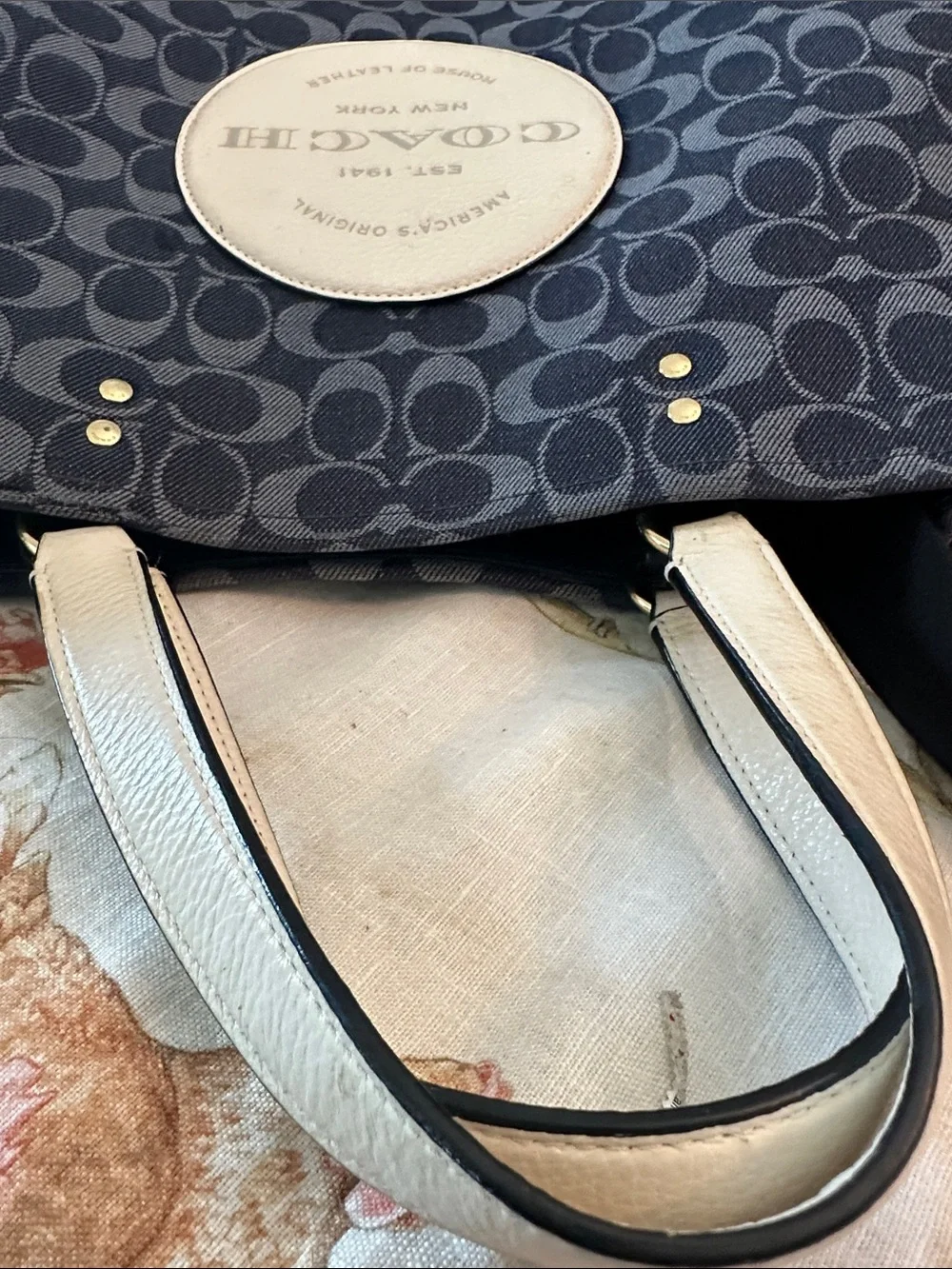 Coach Navy Signature Canvas Tote with White Leather Medallion